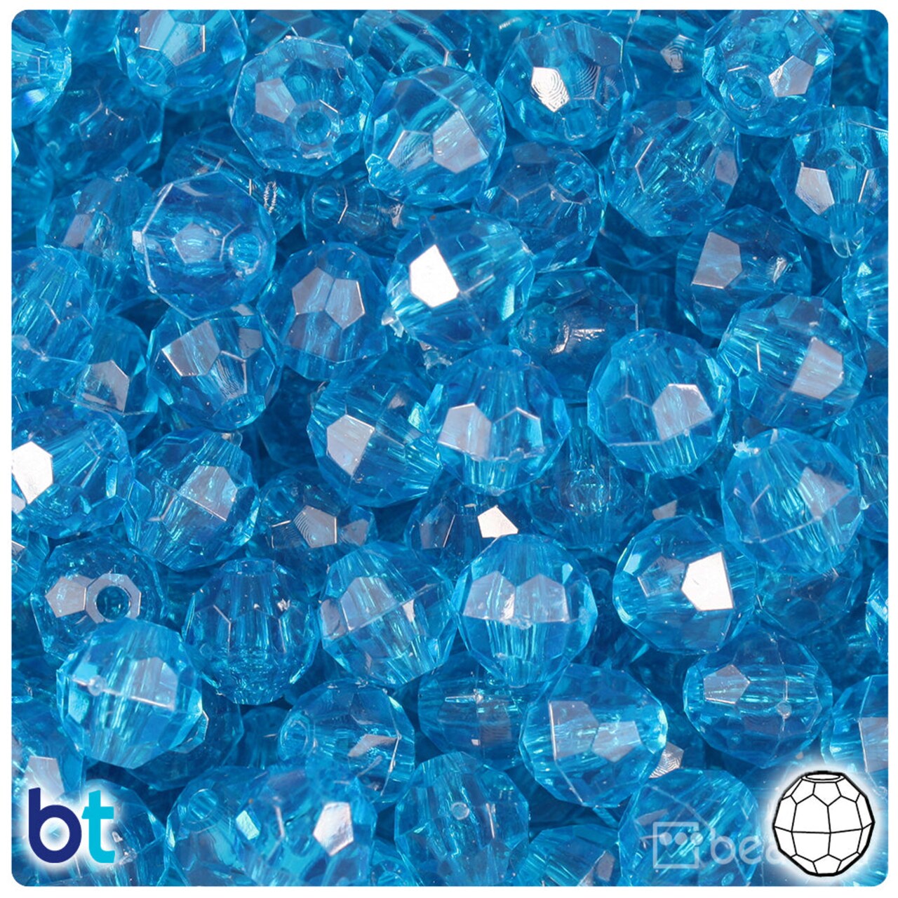 BeadTin Turquoise Transparent 10mm Faceted Round Plastic Craft Beads (225pcs)